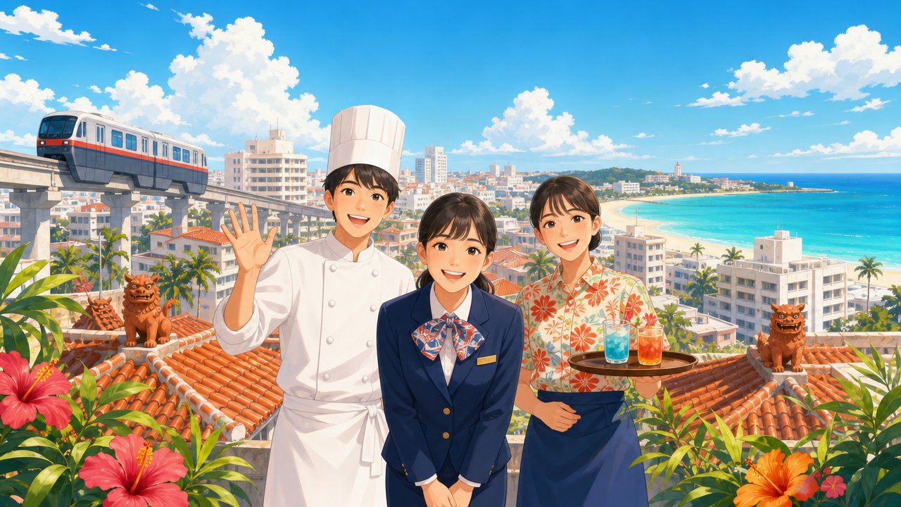 那覇の街並みを背景に、調理・フロント・レストランのスタッフが笑顔で迎えるイラスト
